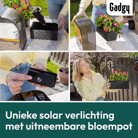 Gadgy Solar Wandlamp met Uitneembare Bloembak – Tuinverlichting op Zonneenergie – Warm Wit LED – 30x25 cm – Zwart Metaal