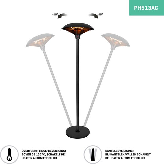 VONROC – Terrasverwarmer Staand – 2000 W & 360 Graden Straling – Voorzien Van 3 Standen En Kantelbeveiliging – Voor Veranda En Overkapping – Matzwart Metaal