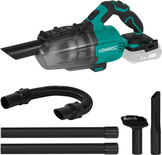 VONROC Krachtige accu steelstofzuiger – VPower 20V – Excl. accu & oplader – 0.6L opvangbak - Incl. 3 mondstukken, 2 verlengbuizen en flexibele slang