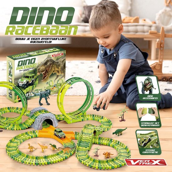 Vertrex 260-delige Dinosaurus Racebaan XXL - Dino Speelgoed - Met 2x Zelfrijdende Safari Auto