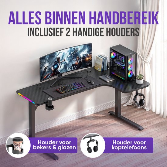 Avalo Gaming Bureau - 160x100x75 CM - L Vormig Hoekbureau - Game Desk Met LED Verlichting - Tafel - Zwart - Hoek Rechts