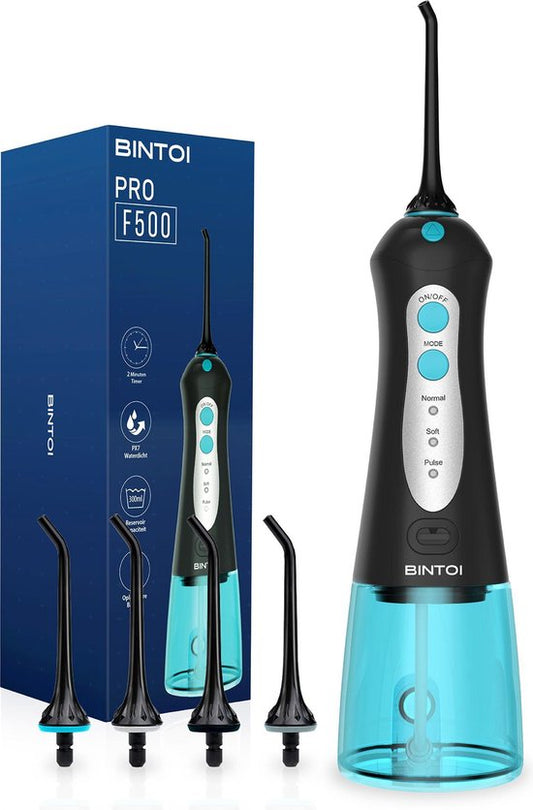 Bintoi® iSonic F500 - Waterflosser - Professionele Monddouche - Flos voor Beugels - Flosapparaten - 3 Standen en 4 Opzetstukjes - IPX7 Waterdicht - Incl. Reistas Cadeau