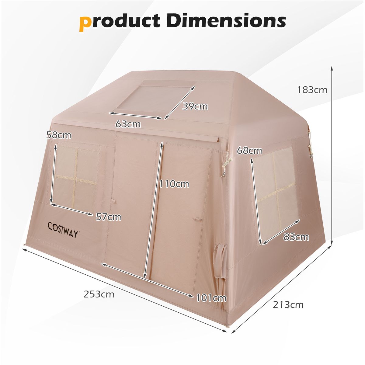 Coast Opblaasbare Campingtent - geschikt voor 4-6 personen - snel op te zetten - khaki 253 x 213 x 183 cm