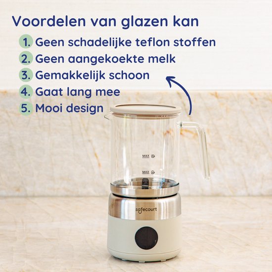 Safecourt Kitchen Glazen Melkopschuimer - Elektrische melkopschuimer - Glazen kan & PFAS-vrij - Vaatwasserbestendig - Beige
