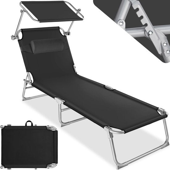 Tectake - Ligstoel - Stalen frame met schuifdak - robuuste, 4-voudig verstelbare rugleuning inclusief kussen - Ideaal voor tuin, zwembad, camping - Zwart