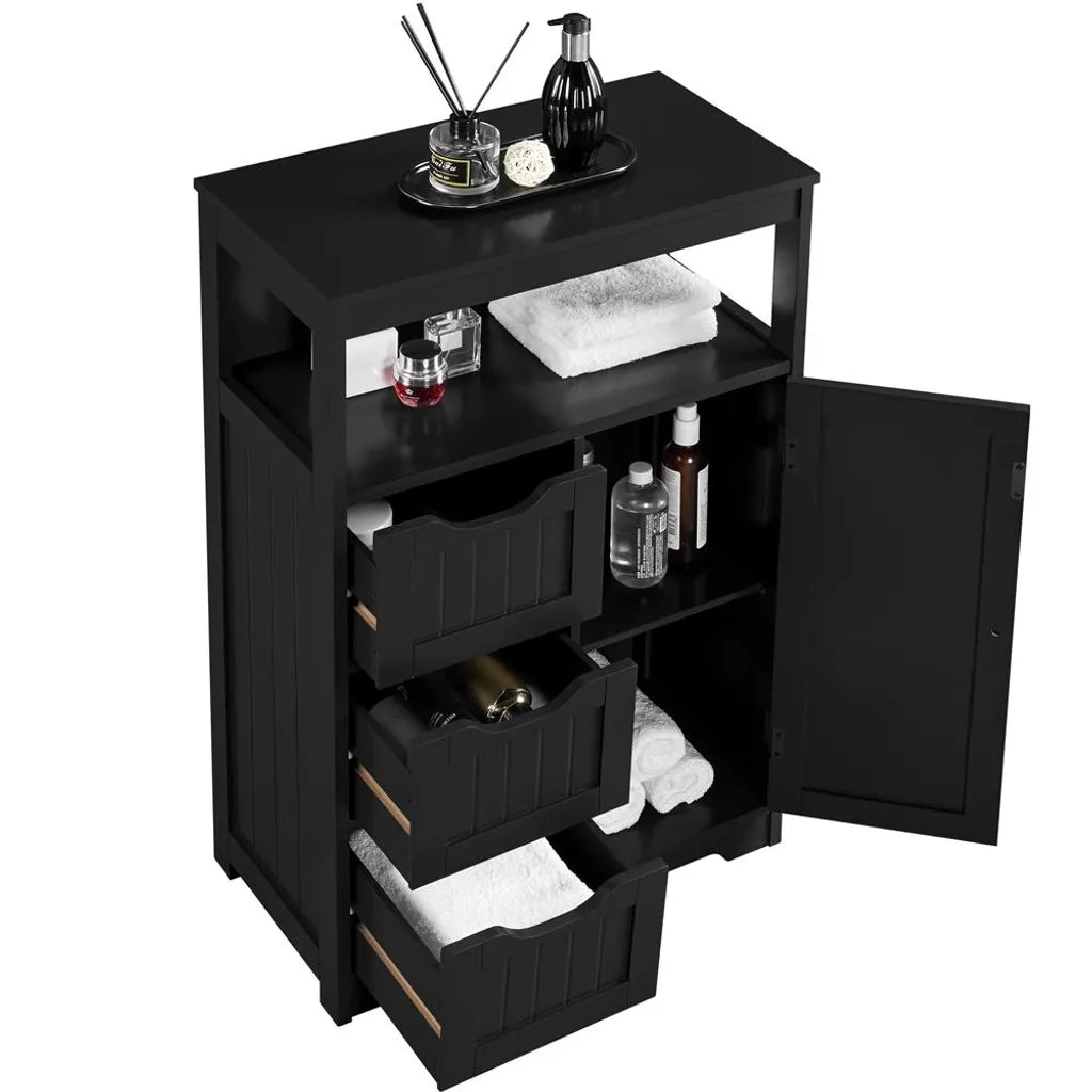 Yaheetech Badkamerkast 55,5 x 29,5 x 86,5 cm - Zwart - Badkamermeubel met 3 Lades en Verstelbare Plank
