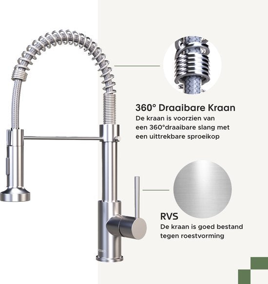 Noswo Spoelkraan – Uittrekbar & Dubbele Straal – 43 x Ø5 cm – Chroom