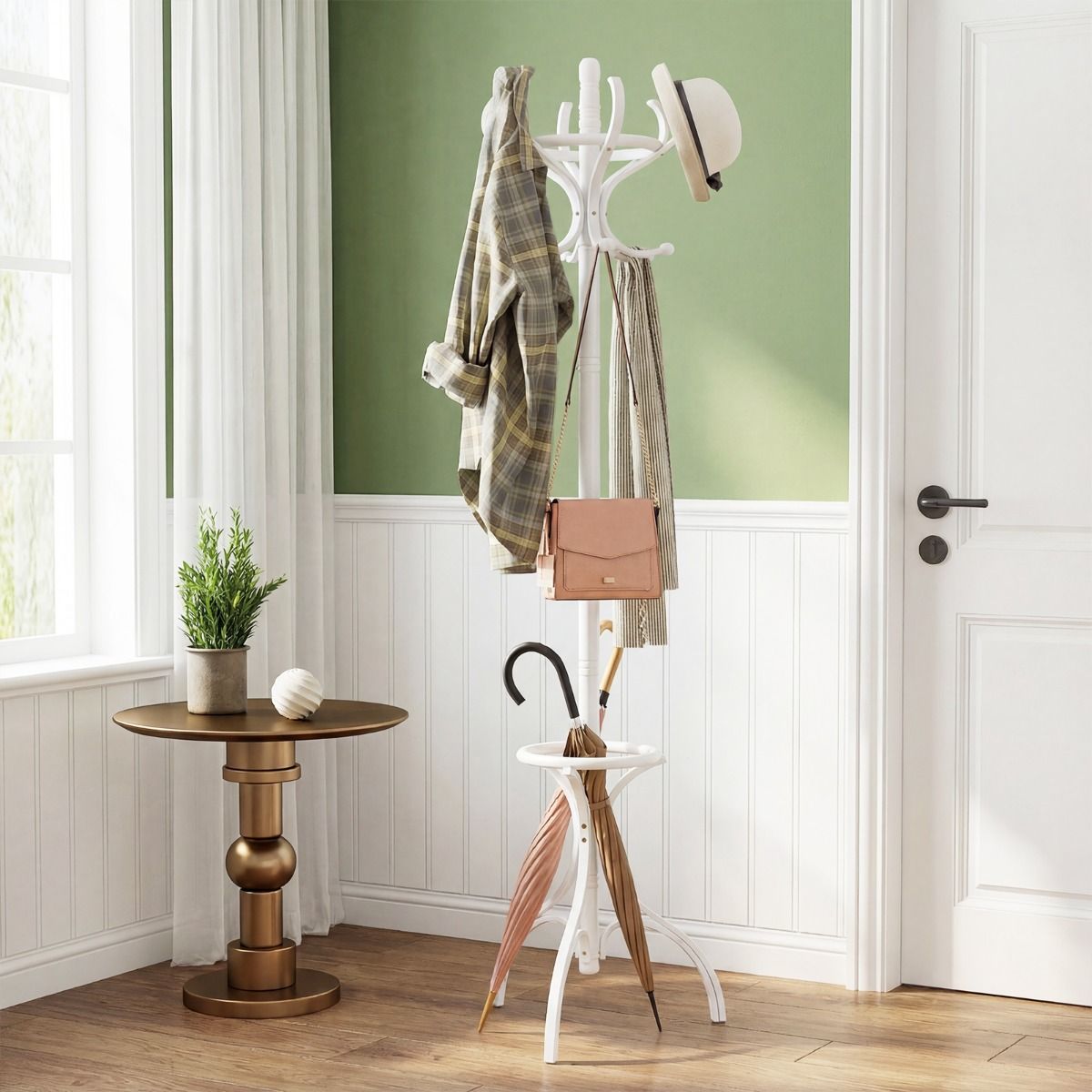 Coast Staande Kapstok - 12 haken - met parapluhouder - massief berkenhout - 48 x 48 x 182 cm - roodbruin