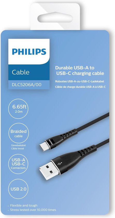 Philips USB Kabel 2.0 - DLC5206A/00 - USB-A - USB-C - Lengte: 2 Meter - Premium Nylon - Zwart