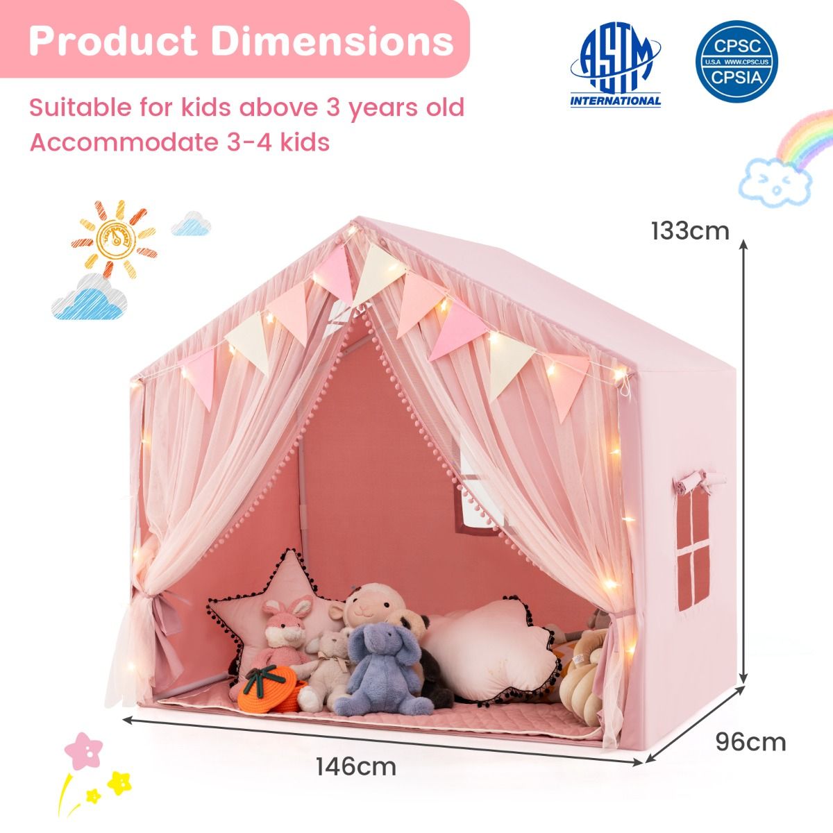 Coast Kinderspeeltent - met gordijnen en sterrenverlichting - grote speelhuis tent - roze