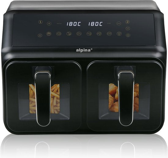 alpina Dubbele Airfryer XXL - Heteluchtfriteuse 2x4L - Air Fryer met Digitaal Touchscreen - Heteluchtoven voor 6 Personen en Meer - 8 Kookprogramma's - Sync-Modus - Timer Functie