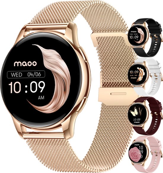 Maoo Ventura AMOLED Smartwatch Dames – RVS & 4 Siliconen Bandjes – Stappenteller, Hartslagmeter, Slaapmonitor, Multisport, Notificaties, Bellen, GPS, Android & iOS – Rosé Goud & Roze