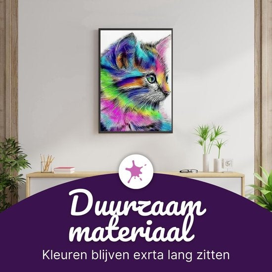 Rubye® Schilderen Op Nummer Volwassenen – Kleurrijke Kat – Inclusief Verf en Penselen – Canvas Schildersdoek – Kleuren op Nummer – 40x50cm