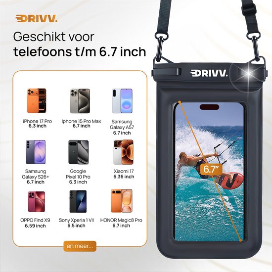 Drivv. Luxe Waterdicht Telefoonhoesje – Drijvend - Dubbele Klipsluiting - Extra Sponge - Telefoons tot 6.8 inch – Onderwater Hoesje Telefoon - Zwart