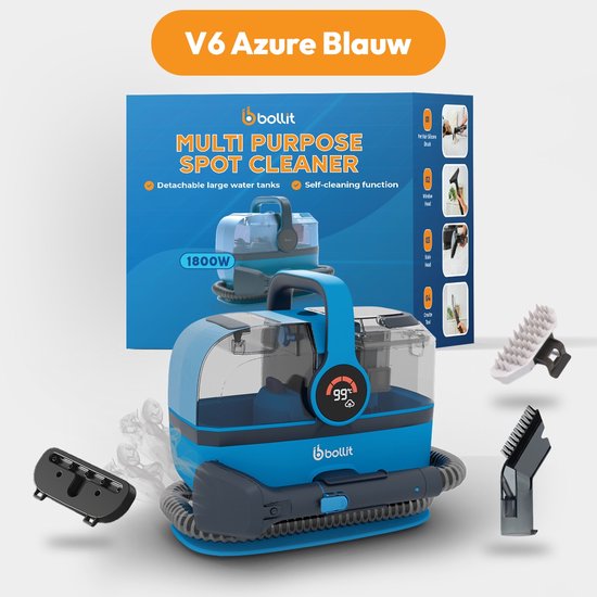BOLLIT 4-in-1 Tapijtreiniger XL 1800W Ultra - Stoomreiniger en Vlekkenreiniger - 100° Stoom - Bankreiniger - Meubelreiniger - Handstomer - Matrasreiniger - Zetelreiniger - Reiniger voor auto, bank, vloer, en tapijt (V6 Azure Blauw)