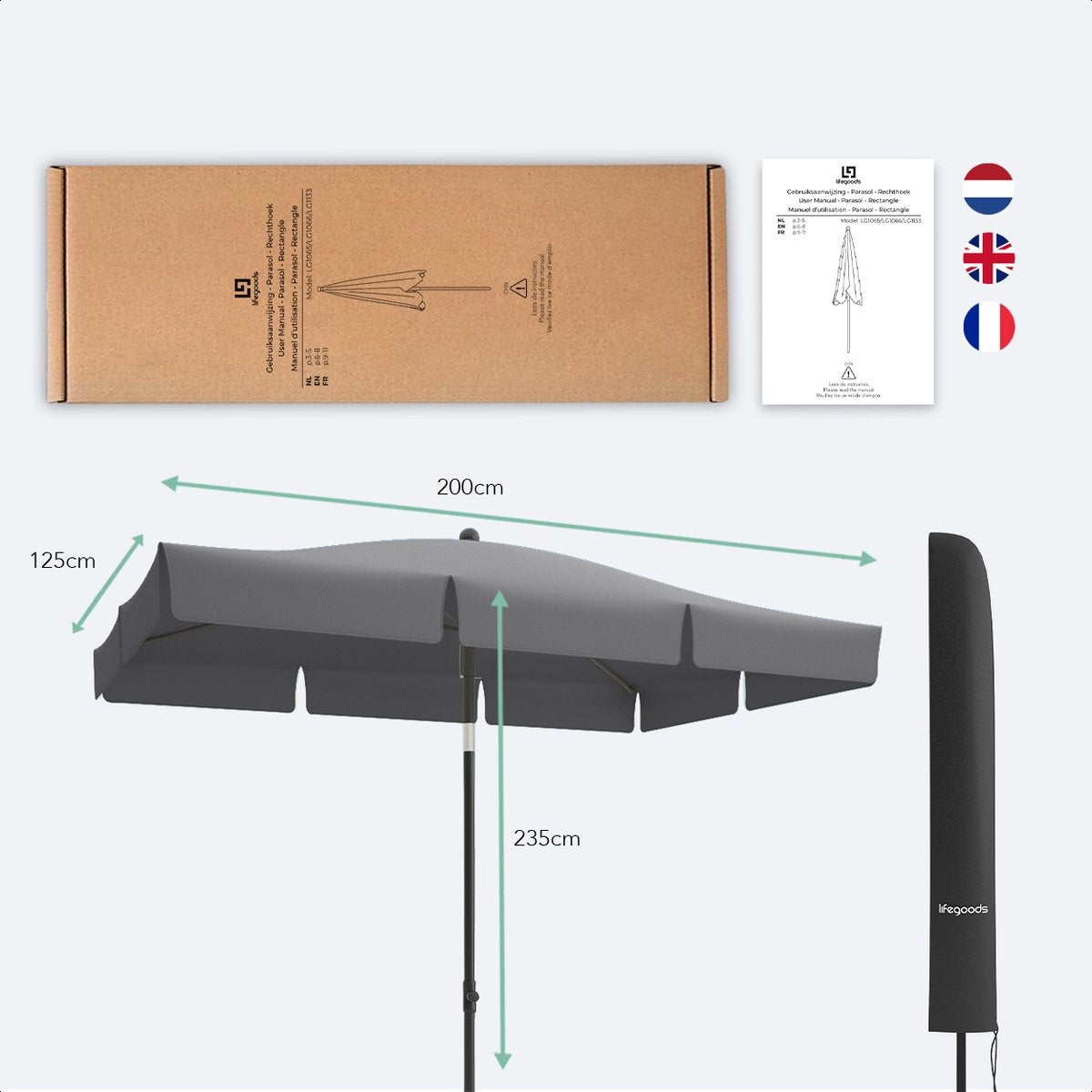 LifeGoods Parasol Vierkant – Incl. Hoes – 30° Kantelbaar – Donkergrijs – Verstelbaar tot 235 cm  - Zonder hoes Zwart