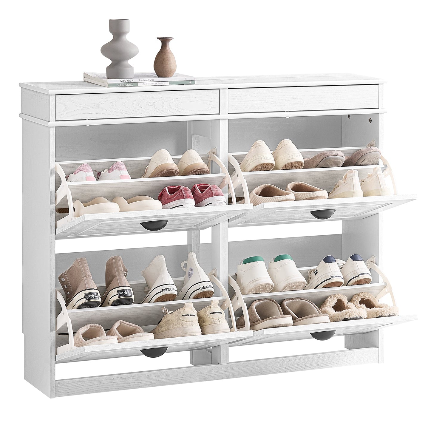 SoBuy Schoenenkast FSR79-WG – 4 kleppen – 103 x 23 x 82 cm – Wit met antiek houteffect – Schoenenrek voor 16 paar