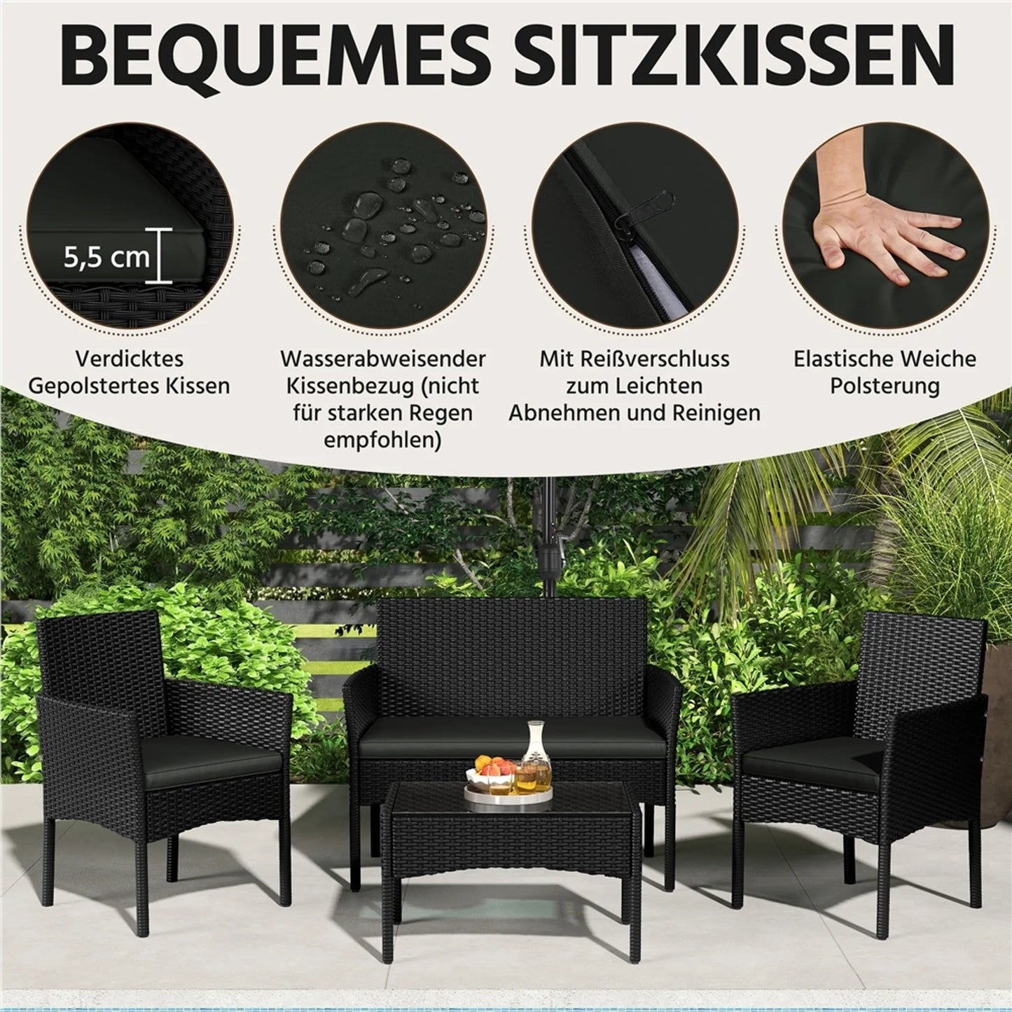 Yaheetech Tuinset Loungeset 4-Delig – 100 x 59,5 x 83,5 cm – Voorzien Van Handgeweven PE-Rattan En Glazen Tafelblad En Wasbare Kussens – Voor Tuin En Balkon – Zwart Polyethyleen En Metaal