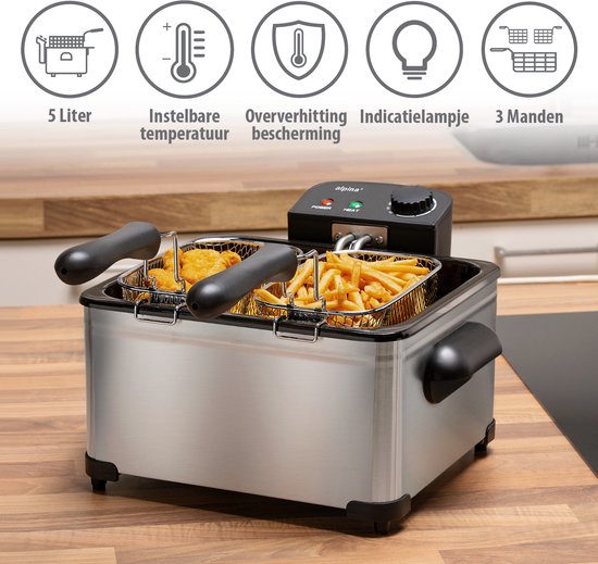 alpina Frituurpan Dubbel 5 Liter - Friteuse met Instelbare Thermostaat - Frituur met 3 Uitneembare Manden - Frietpan 2000W - 27,5 x 21,5 x 30,5 cm - RVS