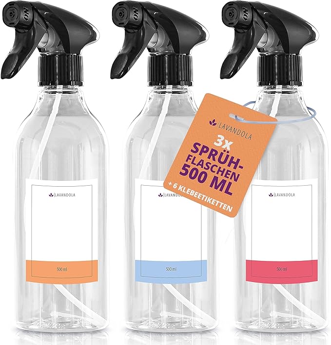 3 x spuitfles 500 ml met etiketten - gelijkmatig en fijn spuitbeeld, dichte en duurzame spuitfles planten, kleine spuitfles autoonderhoud, spuitfles, 3 x spuitflessen set
