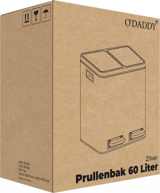 O'DADDY® Prullenbak - Afvalemmer – Duo Bin – 60 Liter – Soft-close – 58,6 x 32 x 65 cm – 2 Binnenemmers / Vakken - Afvalbak - Pedaalemmer 60L - Prullenmand - Vuilnisbak - Afvalscheiding Vuilbak – Inclusief 15 Afvalzakken – Elegant Zilver
