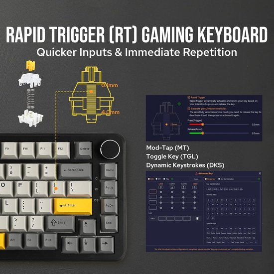 Ajazz AK820 MAX HE - 75% Bedraad RGB Gaming Toetsenbord - Hall Effect Rapid Trigger Mechanisch Toetsenborden - Gasket - Hot Swap - 8K Hz Polling Rate - QWERTY Toetsenborden - 82 Keys - Maanlicht geel