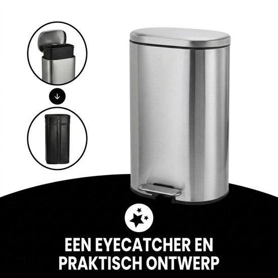 Bayt Prullenbak - Pedaalemmer 50 Liter - Prullenbak 50 Liter - Vuilnisbak 50 Liter - Prullenbak Afvalscheiding - Afvalbak- RVS - Zilver