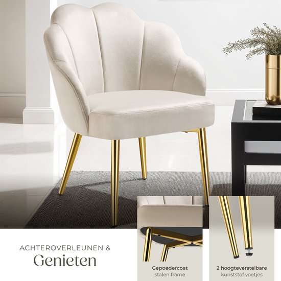 tectake® Cocktailstoel - Gestoffeerd met fluwelen bekleding - Zachte vulling - Gewelfde rugleuning - Stalen poten met poedercoating - Crème/Goud