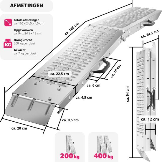 tectake® - Set van 2 oprijplaten Björn - Opvouwbaar met draaggrepen - Inklapbaar - Belastbaar tot 400 kg - 200 kg per plaat - 166 cm