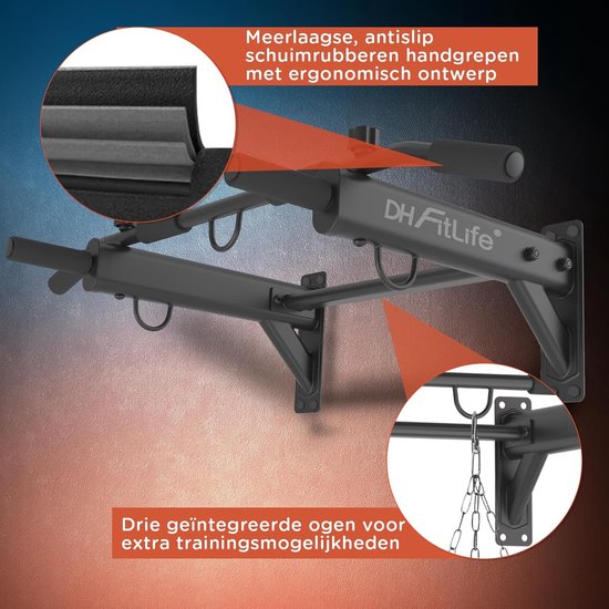 DH FitLife 4-in-1 optrekstang voor wandmontage met spreidplug, multifunctionele pull-up bar voor thuis tot 200 kg | 6 antislip handgrepen | 3 ogen voor bokszak & slingtrainer | veilig en stabiel