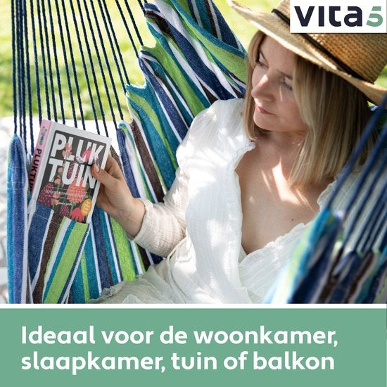 Vita5 XXL Hangstoel | Binnen&Buiten Hangnest | Incl. 2 Kussens en Boekenvak | Volwassenen&Kinderen | Hangmatstoel tot 200kg | Blauw/Groen/Wit