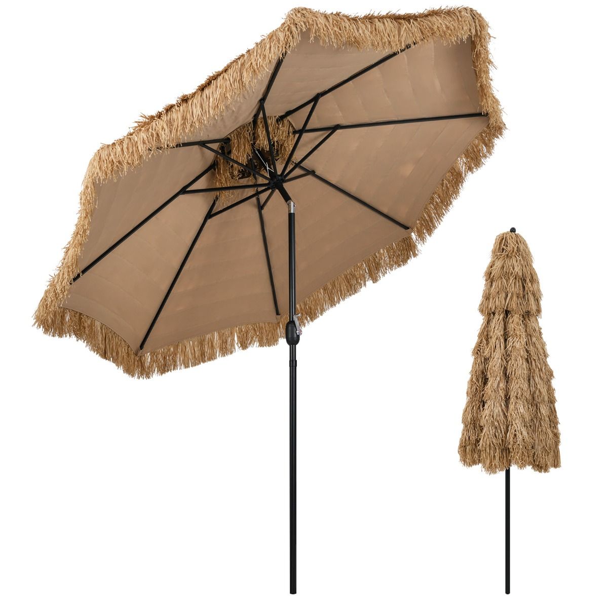 Coast 299 cm Rieten Tiki Parasol Hawaii Dubbeldeks Marktparasol – Naturel/Zwart, Ø 299 cm x 270 cm Hoog
