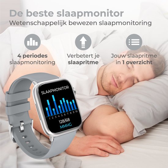 Nuvance - Smartwatch Heren & Dames met Bluetooth - 45mm - Geschikt voor alle Smartphones - Stappenteller en Hartslagmeter - Waterdicht - Grijs