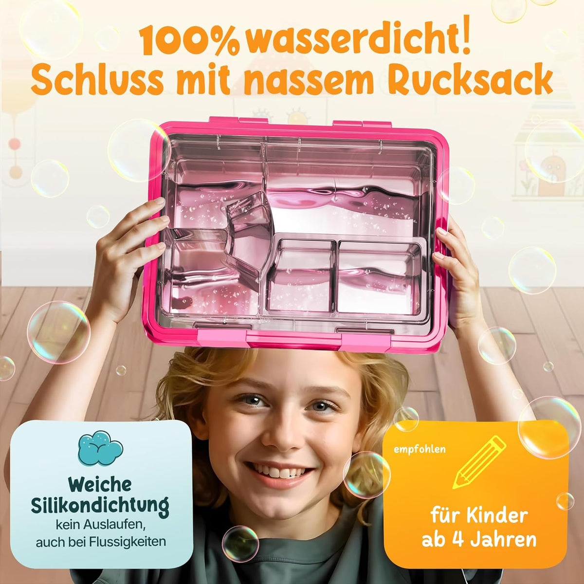 Funkelfuchs® Kinderen Lunchbox met Vakverdeling - 800ml – Roze – Grote Broodtrommel & Snackbox – Lunchbox voor School, Crèche & Kinderdagverblijf
