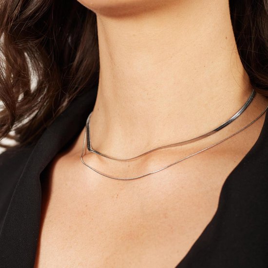 Laura Ferini Dames Ketting Chiara Zilver - Zilverkleurige schakelketting met 2 lagen - 18K Witgoud Verguld - Halsketting - Collier - Sieraad - Accessoires - Dames Ketting