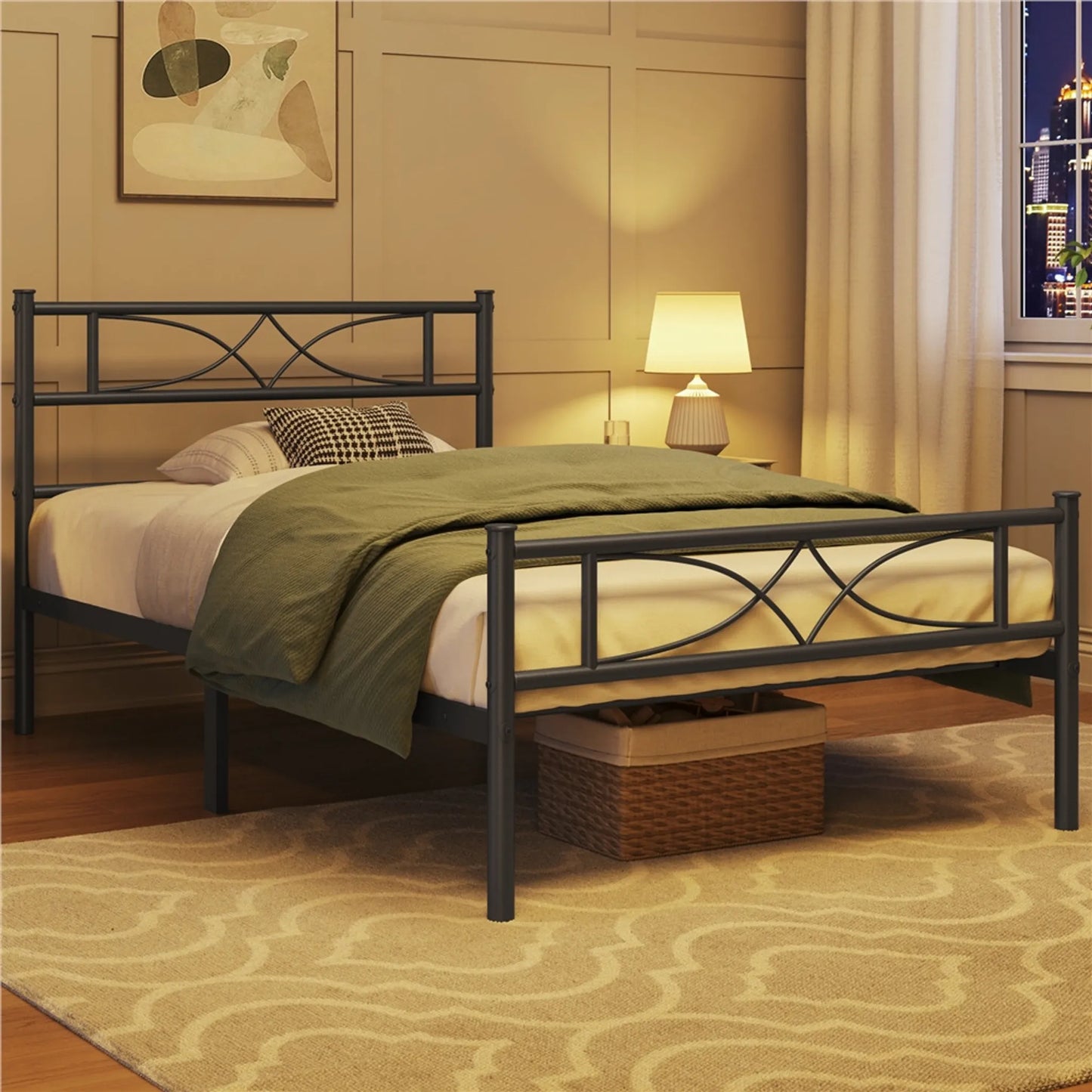 Yaheetech Metalen Bedframe 90 x 200 cm - Zwart - 204 kg - Met Hoofdbord en Voetbord - 32 cm Onderbedopslag