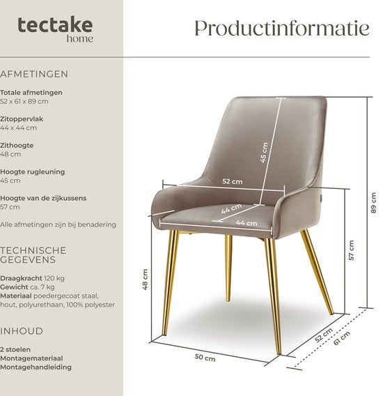 tectake® Eetkamerstoel Avane - Fluweeloptiek - Ergonomische gestoffeerde stoel met gouden stalen poten - Draagkracht 120 kg - Moderne eetkamer- en keukenstoel - Set van 2 - Taupe