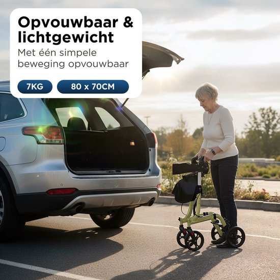 Medzone Rollator Lichtgewicht en Opvouwbaar - Zitfunctie - Binnen en Buiten - Rugleuning en Wandelstok Houder - Champagne - Goud