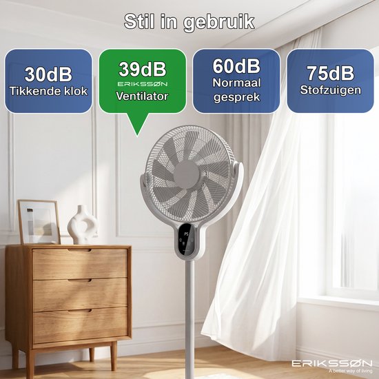 Erikssøn Statiefventilator - Stil En Krachtig 45W - 8 Snelheden - Verstelbaar - Staande Venitlator - Grijs