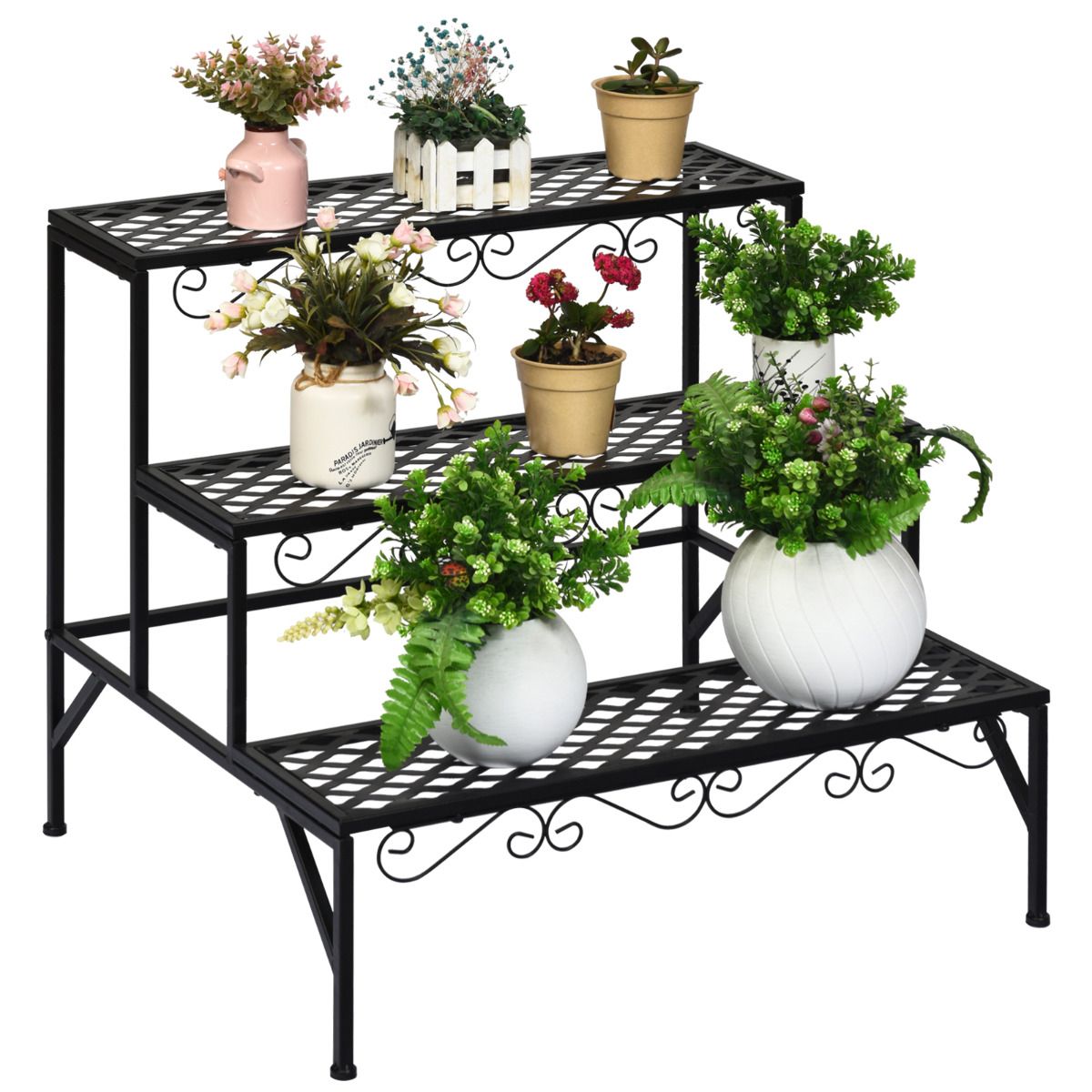 Coast Plantenrek met drie lagen - Metalen bloemenstandaard - Vrijstaande plantentrap - Zwart - 70 x 60 x 60,5 cm