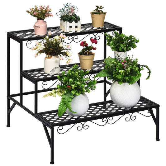 Coast Plantenrek met drie lagen - Metalen bloemenstandaard - Vrijstaande plantentrap - Zwart - 70 x 60 x 60,5 cm