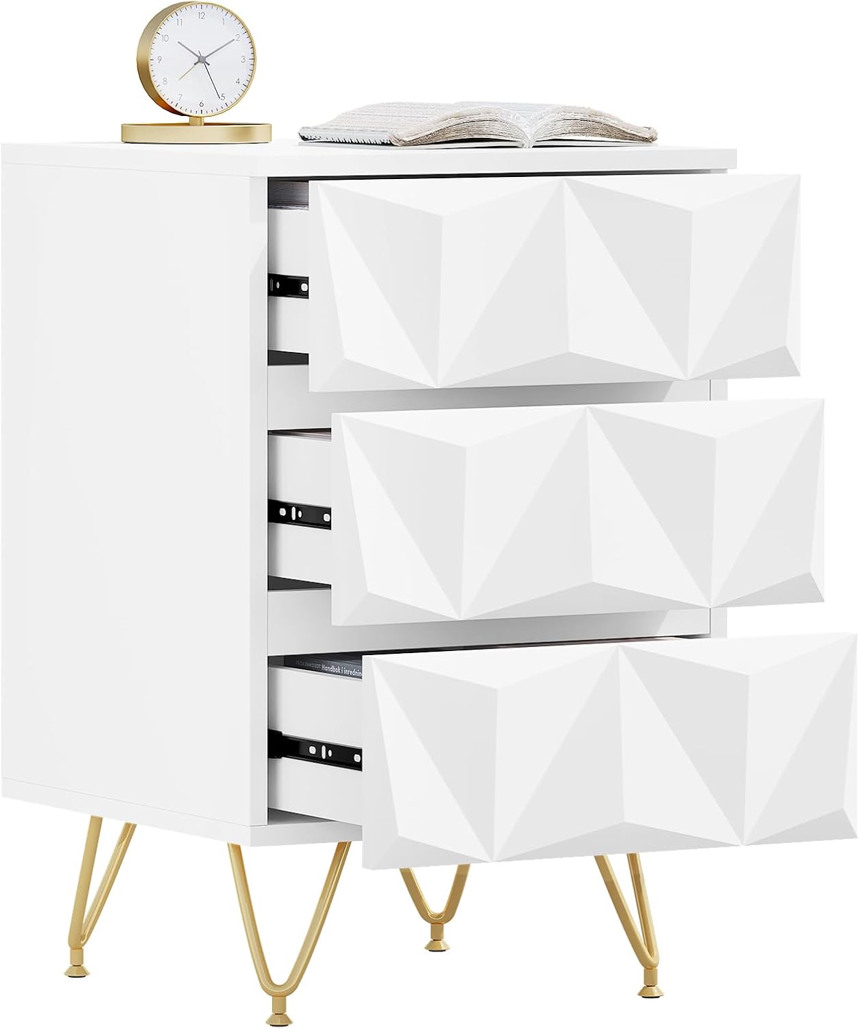 Eugad Nachtkastje met 3 Lades – 40x40x62,5 cm – Wit met Goud – Modern 3D Design