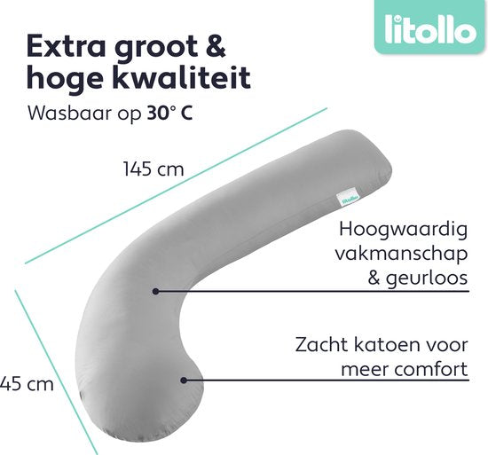 Litollo® Zwangerschapskussen (J-vorm) - Zijslaapkussen - Voedingskussen - Lichaamskussen - Body pillow - 145cm - Afneembare hoes - Grijs