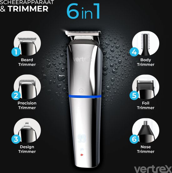 Vertrex 6 in 1 Baardtrimmer Pro+ Bodygroomer Mannen - Neustrimmer - Tondeuse - Scheerapparaat - Trimmer Baard en Lichaam