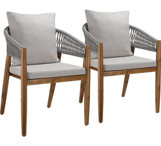 tectake® Set van 2 Tuinstoelen Manacor - Tuinstoel in Rope-Design - Balkonset - Weerbestendige Buitenstoel van Gelakt Acaciahout - Grijs/Beige - Stoelen voor Tuin, Balkon, Terras