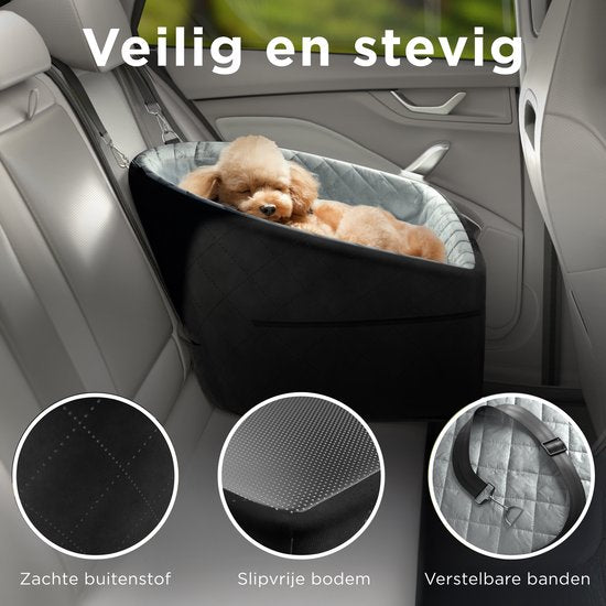 CozySense® Honden Autostoel - Hondenmand Auto voor Kleine Hond - Voorbank & Achterbank - Met Veiligheidsriem, Opbergvak & Wasbare Hoes - Zwart/Grijs