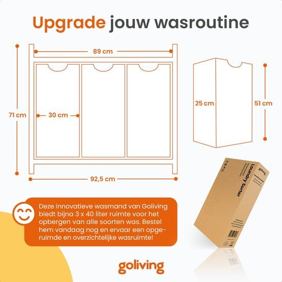 Goliving Wassorteerder – Wasmand met 3 vakken – Wasbox – Oxfort textiel/Metaal/Hout – 3 x 38 Liter – 25 x 92.5 x 71 cm – Zwart