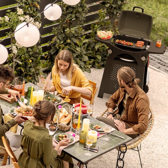 KitchenBrothers Gas BBQ - Staand en Tafelmodel Barbecue - Tafelbarbecue - Anti-aanbaklaag - 37x48 cm Grilloppervlak - Zwart