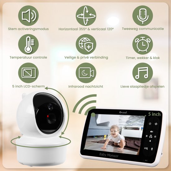Saaf Babyfoon - Incl. Camera en Monitor - Bestuurbaar/kantelbaar - Praatfunctie - 5" Scherm