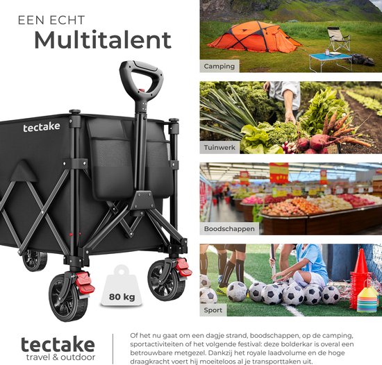 tectake® Bolderkar - Opvouwbaar - 80 kg Draagkracht - Draaibare Massieve wielen met Rem - 45 x 88 x 95 cm - Bolderkarren - Bolderwagen - Met Verstelbare Duwstang - Handkar - Waterafstotende Transportwagen - Met Legplank en Binnenvak